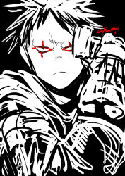 Rule 34 | 1boy, climaxmukr, colored tips, dorohedoro, facial mark, fighting stance, frown, greyscale, looking at viewer, male focus, monochrome, multicolored hair, no eyebrows, risu (dorohedoro), solo, spot color, upper body