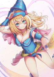 Rule 34 | 1girl, bare legs, bare shoulders, blonde hair, blue leotard, blush, blush stickers, bracer, breasts, character name, cleavage, closed mouth, dark magician girl, green eyes, hair between eyes, hat, highres, jewelry, leotard, long hair, looking at viewer, medium breasts, necklace, pentacle, potemaka, resolution mismatch, showgirl skirt, smile, solo, source larger, thighs, wizard hat, yu-gi-oh!