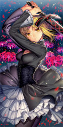 Rule 34 | 1girl, artoria pendragon (all), artoria pendragon (fate), bad id, bad pixiv id, black pantyhose, blonde hair, breasts, cleavage, corset, ells, excalibur morgan (fate), fate/hollow ataraxia, fate (series), flower, frills, gothic lolita, lolita fashion, official alternate costume, pantyhose, saber (fate), saber alter, solo, spider lily, sword, weapon, yellow eyes