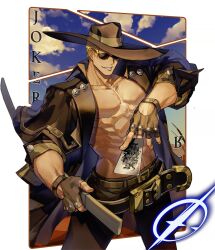 Rule 34 | 1boy, abs, black gloves, black headwear, blonde hair, card, cowboy hat, fingerless gloves, gloves, grin, guilty gear, guilty gear strive, hat, highres, holding, holding card, johnny (guilty gear), joker (playing card), large belt, long sleeves, looking at viewer, male focus, pectorals, playing card, rkgkjj, smile, sunglasses