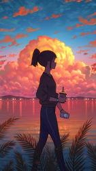 Rule 34 | 1girl, absurdres, black hair, bracelet, city lights, cloud, commentary request, cup, disposable cup, evening, highres, holding, holding cup, holding phone, jewelry, landscape, mountainous horizon, original, outdoors, palm leaf, pants, pasoputi, phone, ponytail, profile, reflection, scenery, sidelocks, sky, solo, sunset, sweater, track pants, track suit, walking, watch, wristwatch
