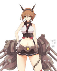 Rule 34 | 10s, 1girl, breasts, brown hair, commentary request, cowboy shot, gloves, hair between eyes, headband, headgear, kantai collection, large breasts, legs apart, midriff, miniskirt, mutsu (kancolle), navel, short hair, simple background, skirt, solo, standing, stomach, turret, white background, white gloves, yukiyanagi raki