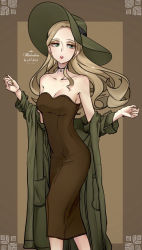 Rule 34 | 1girl, alternate costume, artist name, black choker, blonde hair, breasts, brown dress, choker, cleavage, collarbone, commentary request, creatures (company), dress, earrings, echizen (n fns17), eyelashes, eyeshadow, game freak, green eyes, green hat, hat, highres, jewelry, lipstick, long hair, looking to the side, makeup, nintendo, oleana (pokemon), pokemon, pokemon swsh, red lips, solo, teeth