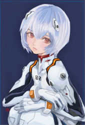 Rule 34 | 0 0, 1girl, ayanami rei, blue hair, blush, bodysuit, hair between eyes, hair ornament, highres, interface headset, lips, looking at viewer, neon genesis evangelion, plugsuit, red eyes, resolution mismatch, shiren (ourboy83), short hair, simple background, solo, source larger, white bodysuit