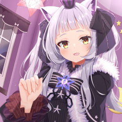 Rule 34 | 1girl, animal ear fluff, animal ears, arched bangs, brooch, cat ears, crown, divergenceok, frilled ribbon, frilled sleeves, frills, fur trim, gothic lolita, grey hair, hair ribbon, highres, hololive, jewelry, lolita fashion, looking at viewer, murasaki shion, murasaki shion (gothic lolita), official alternate costume, open mouth, ribbon, smile, solo, star brooch, twintails, virtual youtuber