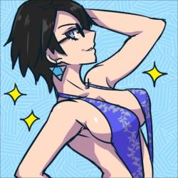 Rule 34 | 1girl, akairiot, bare shoulders, bayonetta, bayonetta, bayonetta (series), bayonetta 2, bikini, black hair, breasts, cleavage, from side, glasses, grin, hat, light smile, long hair, looking at viewer, lowres, portrait, short hair, sideboob, slingshot swimsuit, smile, solo, sunglasses, swimsuit, upper body