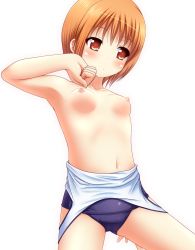 Rule 34 | 1girl, armpits, blush, breasts, clothes pull, highres, ki (kk-sk-ray), navel, nipples, one-piece swimsuit, one-piece swimsuit pull, orange hair, original, red eyes, short hair, simple background, solo, swimsuit, topless, white background