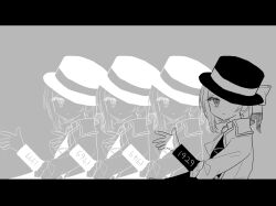 Rule 34 | 1girl, afterimage, boater hat, bow, closed mouth, greyscale, hat, hat bow, highres, jacket, lag train (vocaloid), letterboxed, long sleeves, looking at viewer, monochrome, necktie, reverse:1999, sidelocks, simple background, solo, upper body, vertin (reverse:1999), wah9urid