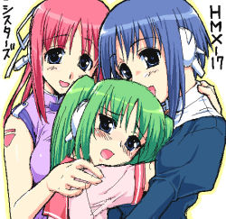 Rule 34 | 00s, 3girls, :o, blue eyes, blue hair, blush, girl sandwich, green hair, hug, ilfa (to heart), multi (to heart), multiple girls, oekaki, open mouth, red hair, robot ears, sandwiched, school uniform, serio (to heart), to heart (series), to heart 2, twintails