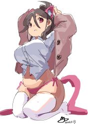 Rule 34 | 1girl, adjusting hair, animal ear fluff, animal ears, breasts, brown cardigan, brown hair, cardigan, cat ears, cat girl, closed mouth, collared shirt, commentary request, highres, lanter qwq, large breasts, looking at viewer, looking to the side, navel, original, panties, pink eyes, pink panties, plump, shirt, side-tie panties, sketch, solo, tail, thighhighs, thighs, underwear, white background, white shirt, white thighhighs