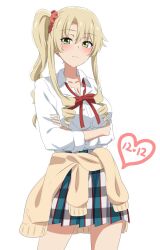 Rule 34 | 1girl, arms under breasts, blonde hair, blush, breasts, cardigan, cardigan around waist, cleavage, closed mouth, clothes around waist, collarbone, collared shirt, commentary request, cowboy shot, crossed arms, dars (recolors), dated, drill hair, green eyes, hair ornament, hair scrunchie, heart, highres, large breasts, long hair, long sleeves, miura yumiko, plaid, plaid skirt, red scrunchie, school uniform, scrunchie, shirt, side ponytail, skirt, sobu high school uniform, solo, standing, white shirt, winter uniform, yahari ore no seishun lovecome wa machigatteiru., yellow cardigan