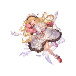 Rule 34 | 1girl, ;p, bag, blonde hair, cagliostro (granblue fantasy), dress, full body, granblue fantasy, handbag, holding, holding stuffed toy, long hair, minaba hideo, official art, one eye closed, pink bag, purple eyes, red footwear, see-through, see-through sleeves, shoes, simple background, socks, solo, stuffed animal, stuffed toy, teddy bear, tongue, tongue out, transparent background, white dress, white socks
