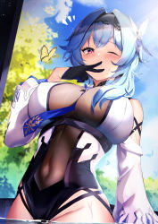 Rule 34 | 1girl, absurdres, black gloves, black hairband, black leotard, blue cape, blue hair, blue necktie, blue sky, blush, breasts, bug, butterfly, cape, covered navel, eula (genshin impact), fantongjun, genshin impact, gloves, hair ornament, hairband, highres, huge filesize, insect, large breasts, leotard, long sleeves, looking at viewer, medium hair, necktie, one eye closed, purple eyes, sidelocks, sky, thighs, v, wading, water, wet, wet clothes