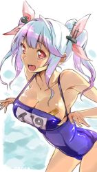 Rule 34 | 10s, 1girl, :d, bandaid, bandaids on nipples, blue hair, breasts, cleavage, collarbone, fang, hair ornament, i-19 (kancolle), kantai collection, large breasts, long hair, looking at viewer, nonco, one-piece swimsuit, open mouth, pasties, pink eyes, school swimsuit, smile, solo, strap gap, strap pull, swimsuit, symbol-shaped pupils, twintails, twitter username
