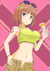 Rule 34 | 1girl, blush, brave witches, breasts, brown hair, crepe, eyewear on head, food, green eyes, gundula rall, highres, keicha (kmoekaki), large breasts, looking at viewer, midriff, navel, open mouth, short hair, solo, sunglasses, tattoo, world witches series