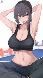 Rule 34 | 1girl, abs, absurdres, armpits, arms up, black hair, black sports bra, blue eyes, blush, breasts, cleavage, commentary request, dated, dumbbell, hair between eyes, hair tie, hair tie in mouth, highres, indian style, large breasts, long hair, looking at viewer, mouth hold, original, pants, ponytail, sidelocks, signature, sitting, solo, sports bra, sportswear, stomach, tying hair, v-shaped eyebrows, white background, yoga pants, yuzuki himuka