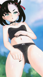 Rule 34 | 1girl, :o, aruman, asymmetrical bangs, bad id, bad pixiv id, bare arms, black choker, black hair, black nails, black panties, blurry, blush, bow, bow panties, choker, clenched hand, cloud, collarbone, creatures (company), crotch seam, day, earrings, eyelashes, from below, game freak, gluteal fold, green eyes, hair ribbon, highres, jewelry, looking at viewer, marnie (pokemon), nail polish, navel, nintendo, open mouth, outdoors, panties, partially visible vulva, pokemon, pokemon swsh, red ribbon, ribbon, shiny skin, sky, solo, underwear