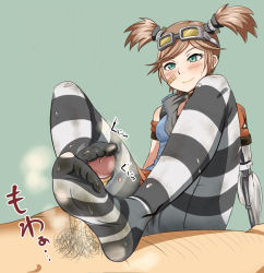 Rule 34 | 1girl, bandaid, blush, borderlands (series), borderlands 2, brown hair, feet, footjob, gaige, goggles, green eyes, mechanical arms, no shoes, pantyhose, penis, phb, single mechanical arm, smell, smile, smirk, soles, striped clothes, striped pantyhose, toes, twintails, uncensored