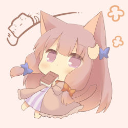Rule 34 | 1girl, animal ears, barefoot, blue bow, blush, book, bow, brown background, brown bow, cat ears, cat girl, cat tail, catchouli (hazuki ruu), chibi, commentary, covered mouth, crescent, crescent hair ornament, dress, full body, hair bow, hair ornament, hazuki ruu, holding, holding book, long hair, looking at viewer, mini person, minigirl, patchouli knowledge, purple dress, purple eyes, purple hair, solo, striped clothes, striped dress, tail, touhou, vertical-striped clothes, vertical-striped dress, very long hair
