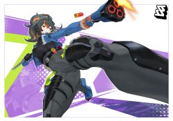 1girl absurdres ahoge azreall belt black_belt black_bodysuit black_gloves black_hair blue_footwear blue_jacket bodysuit bodysuit_under_clothes breasts chinese_commentary closed_mouth commentary_request earpiece firing foreshortening gloves gun hair_between_eyes highres holding holding_gun holding_knife holding_weapon jacket kneeling knife logo long_hair looking_to_the_side medium_breasts multicolored_hair police police_uniform policewoman ponytail red_eyes red_hair shell_casing shoes sidelocks solo streaked_hair two-tone_hair weapon wrist_guards zenless_zone_zero zhu_yuan zoom_layer