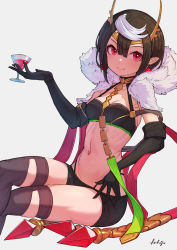 Rule 34 | 1girl, alcohol, ariel (kumo desu ga nani ka?), arpeggio kaga, artist name, bandeau, black bandeau, black gloves, black hair, black shorts, breasts, brown thighhighs, capelet, circlet, closed mouth, collarbone, commentary request, crossed legs, cup, demon girl, drinking glass, earrings, elbow gloves, fur-trimmed capelet, fur trim, gloves, grey background, groin, hair between eyes, highres, holding, holding cup, hood, hooded capelet, horns, jewelry, kumo desu ga nani ka?, looking at viewer, midriff, multicolored hair, navel, pointy ears, red eyes, short hair, short shorts, shorts, sidelocks, simple background, sitting, skindentation, small breasts, smile, solo, streaked hair, thighhighs, white hair, wine, wine glass
