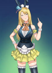 Rule 34 | 1girl, absurdres, akiba maid sensou, animal ears, blonde hair, blue eyes, ct-08, fake animal ears, gradient background, hand on own hip, highres, maid, maid headdress, middle finger, rabbit ears, self-upload, simple background, solo, thighhighs, zettai ryouiki