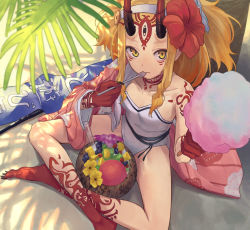 Rule 34 | 1girl, absurdres, blonde hair, breasts, cotton candy, facial mark, fate/grand order, fate (series), forehead, forehead mark, gradient hair, hair pulled back, highres, horns, ibaraki douji (fate), ibaraki douji (fate/grand order), ibaraki douji (swimsuit lancer) (fate), ibaraki douji (swimsuit lancer) (second ascension) (fate), long hair, looking at viewer, multicolored hair, one-piece swimsuit, oni, oni horns, sitting, small breasts, swimsuit, tattoo, tesin (7aehyun), white one-piece swimsuit, yellow eyes