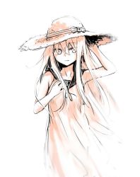 Rule 34 | 10s, 1girl, alternate costume, anchor symbol, collarbone, cowboy shot, gou (double trigger), hair between eyes, hat, hibiki (kancolle), highres, kantai collection, long hair, looking away, monochrome, open mouth, simple background, sketch, solo, sun hat, wind
