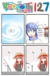 Rule 34 | 1boy, 1girl, 4koma, ?, blue eyes, blue hair, catstudioinc (punepuni), comic, commentary request, dress, fishing line, fishing rod, flying sweatdrops, hat, highres, kaito (vocaloid), left-to-right manga, original, puni (miku plus), red eyes, red hair, scarf, sun hat, thai text, translation request, vocaloid