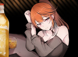 Rule 34 | 1girl, alcohol, bare shoulders, blush, bottle, breasts, cleavage, closed mouth, cup, detached sleeves, drinking glass, earrings, elbow rest, feather earrings, feathers, high ponytail, highres, hololive, hololive english, ice, ice cube, jewelry, large breasts, looking at viewer, orange hair, pink eyes, sak1 01, sidelocks, smile, solo, takanashi kiara, virtual youtuber