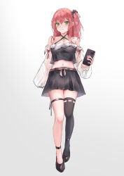 Rule 34 | 1girl, absurdres, bare shoulders, black footwear, black skirt, cellphone, commentary request, criss-cross halter, detached sleeves, full body, gradient background, green eyes, grey background, halterneck, highres, holding, holding phone, long hair, long sleeves, looking at viewer, miniskirt, one side up, original, phone, pink hair, pleated skirt, shoes, single thighhigh, skirt, smartphone, solo, standing, thigh strap, thighhighs, yawww (yawwwart)