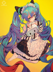 Rule 34 | absurdly long hair, absurdres, apron, aqua eyes, aqua hair, arm warmers, artist logo, barefoot, bilibili, dress, finger to mouth, frilled apron, frilled dress, frills, full body, grandia lee, hatsune miku, highres, holding person, long hair, looking at viewer, maid, maid apron, maid headdress, sitting, striped arm warmers, twintails, very long hair, vocaloid, wariza, xiao dianshi, yellow background