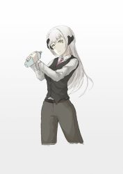 Rule 34 | 1girl, black pants, black vest, breasts, casual, closed mouth, facial mark, gager (girls&#039; frontline), girls&#039; frontline, green eyes, holding shaker, long hair, looking at viewer, necktie, pants, pink necktie, sangvis ferri, shirt, silver hair, solo, standing, thatob, vest, white background, white shirt