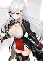 Rule 34 | 1girl, artnohearts, azur lane, black gloves, black thighhighs, boots, breasts, cleavage, detached collar, dunkerque (azur lane), from above, gloves, gradient hair, grey hair, holding, holding sword, holding weapon, long hair, long sleeves, looking at viewer, multicolored hair, parted lips, puffy sleeves, purple eyes, rapier, solo, standing, sword, thigh boots, thighhighs, thighhighs under boots, weapon
