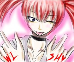 Rule 34 | 1girl, candy cane (rumble roses), female focus, gradient background, one eye closed, red hair, rumble roses, solo, tongue, wink
