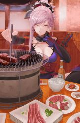 Rule 34 | 1girl, asymmetrical hair, blue kimono, bottle, bowl, breasts, chopsticks, closed eyes, detached sleeves, fate/grand order, fate (series), food, hair ornament, highres, holding, holding chopsticks, indoors, japanese clothes, kimono, large breasts, miyamoto musashi (fate), miyamoto musashi (second ascension) (fate), nanidato (nanidat0), obi, pink hair, plate, print swimsuit, sash, sleeveless, sleeveless kimono, solo, swept bangs, swimsuit