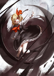 Rule 34 | 1girl, ascot, blonde hair, darkness, hair ribbon, kozou (soumuden), long sleeves, looking at viewer, open mouth, outstretched arms, red eyes, ribbon, rumia, shirt, skirt, skirt set, smile, solo, touhou, vest