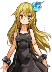 Rule 34 | 1girl, bare shoulders, black dress, blonde hair, blush, borrowed character, character request, collarbone, copyright request, dress, hair ornament, long hair, looking at viewer, sachito, simple background, smile, solo, white background, yellow eyes