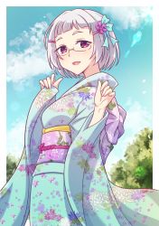 Rule 34 | 1girl, :d, blue kimono, blue sky, blush, cloud, day, e20, floral print, glasses, grey hair, hands up, highres, japanese clothes, kimono, long sleeves, looking at viewer, obi, open mouth, original, outside border, print kimono, red eyes, sash, semi-rimless eyewear, short hair, sky, sleeves past wrists, smile, solo, sun, thick eyebrows, under-rim eyewear, wide sleeves