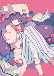 Rule 34 | 1girl, absurdres, book, crescent, female focus, hat, highres, long hair, patchouli knowledge, pera, purple eyes, purple hair, solo, touhou