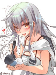Rule 34 | 1girl, ^^^, ahoge, blush, breasts, collarbone, fingernails, gangut (kancolle), grey hair, hair between eyes, highres, holding, holding pen, kantai collection, large breasts, long hair, open mouth, orange eyes, pen, scar, scar on face, simple background, solo, speech bubble, takase muh, teruterubouzu, twitter username, upper body, white background