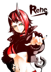 Rule 34 | 1girl, \\n/, absurdres, black hair, black jacket, black nails, black sports bra, breasts, chain, character name, closed mouth, commentary request, cropped jacket, demon girl, demon horns, demon tail, engacyo (engacyo39800yen), green eyes, hand on own hip, highres, horns, jacket, large breasts, looking at viewer, midriff, multicolored hair, nail polish, nanashi inc., navel, open clothes, open jacket, pointing, pointing at viewer, pointy ears, red hair, red sports bra, ryugasaki rene, ryugasaki rene (1st costume), short hair, simple background, smile, solo, sports bra, sugar lyric, tail, two-tone hair, two-tone sports bra, underboob, upper body, virtual youtuber, white background, zipper