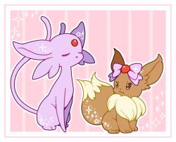 Rule 34 | :3, border, bow, brown eyes, creatures (company), eevee, espeon, forehead jewel, full body, game freak, gen 1 pokemon, gen 2 pokemon, looking at another, muguet, nintendo, no humans, outline, pink background, pink bow, pokemon, pokemon (creature), simple background, sitting, smile, sparkle, striped, striped background, white border, white outline