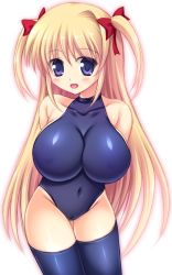 Rule 34 | 1girl, arms behind back, blonde hair, blue thighhighs, blush, breasts, covered navel, cowboy shot, huge breasts, impossible clothes, large breasts, leotard, long hair, looking at viewer, miu (c blue), open mouth, original, purple eyes, smile, solo, thick thighs, thighhighs, thighs, turtleneck, twintails, two side up