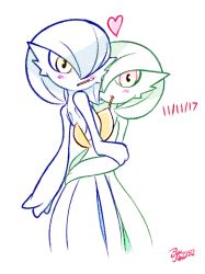 Rule 34 | 2017, 2girls, alternate color, artist name, blue hair, blueman282, blush, creatures (company), dated, eating, female focus, food, from behind, game freak, gardevoir, gen 3 pokemon, green hair, hair over one eye, hand up, heart, hug, looking at viewer, looking back, monochrome, mouth hold, multiple girls, nintendo, pocky, pocky day, pokemon, pokemon (creature), pokemon rse, red eyes, shiny pokemon, short hair, signature, simple background, standing, text focus, white background, yellow eyes