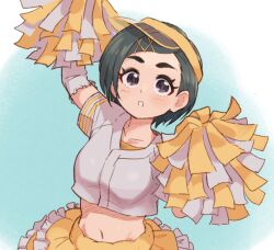 Rule 34 | 1girl, arm up, black hair, blush, collarbone, commentary request, copyright request, crop top, frilled skirt, frills, grey eyes, hair ornament, hairclip, hat, jacket, layered skirt, looking at viewer, midriff, navel, pom pom (cheerleading), reiesu (reis), shirt, short eyebrows, short hair, short sleeves, skirt, smile, solo, swept bangs, thick eyebrows, visor cap, white jacket, x hair ornament, yellow hat, yellow shirt, yellow skirt