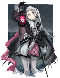 Rule 34 | 1girl, absurdres, arknights, arm up, belt, black cape, border, cape, closed mouth, cloud, cloudy sky, cropped legs, earrings, fire, grey hair, gun, head wings, highres, holding, holding lantern, irene (arknights), jewelry, lantern, layered skirt, long hair, long sleeves, looking at viewer, mou (piooooon), ocean, outdoors, outside border, pantyhose, pink fire, puffy long sleeves, puffy sleeves, purple skirt, rapier, scar, scar across eye, scar on face, sheath, sheathed, skirt, sky, solo, sword, very long hair, weapon, white border, white pantyhose, white skirt, wings