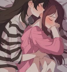 Rule 34 | 2girls, absurdres, blush, breath, brown hair, closed eyes, clothes lift, commentary request, ear blush, ear licking, grabbing, grabbing another&#039;s breast, hano9789, highres, idolmaster, idolmaster million live!, implied fingering, kitazawa shiho, korean commentary, licking, lifting another&#039;s clothes, long hair, lying, multiple girls, on side, parted lips, pink shirt, reach-around, shirt, shirt lift, sleeves rolled up, striped clothes, striped shirt, sweat, tanaka kotoha, tongue, tongue out, upper body, yuri