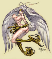 Rule 34 | 1girl, ass, breasts, claws, devilman, feathered wings, feathers, harpy, head wings, large wings, monster girl, nipples, nude, open mouth, sharp teeth, simple background, siren (devilman), solo, stomach, talons, teeth, white hair, wings, yellow eyes