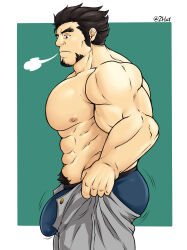 Rule 34 | 1boy, abs, absurdres, artist request, ass, bara, black hair, blue male underwear, breath, bulge, bulge lift, dressing, facial hair, feet out of frame, fire emblem, fire emblem: the sacred stones, from side, gilliam (fire emblem), goatee, grey pants, highres, i&#039;ve never seen a guy recreate this successfully tbh (meme), large pectorals, long sideburns, male focus, male underwear, mature male, meme, motion lines, muscular, muscular male, navel hair, nintendo, nipples, open pants, pants, pants lift, pectorals, short hair, sideburns, solo, stomach, thick eyebrows, thick thighs, thighs, topless male, undersized clothes, underwear